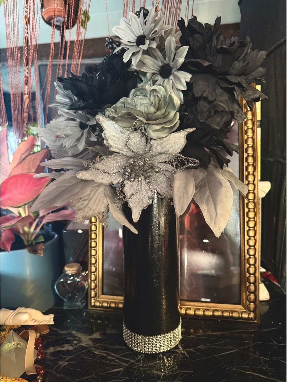 Goth Black Silver Faux Flower Decor Vase
